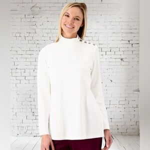 Susan Graver Mock Neck Top NWT • 3XP • White • Button Shoulder Detail Classic